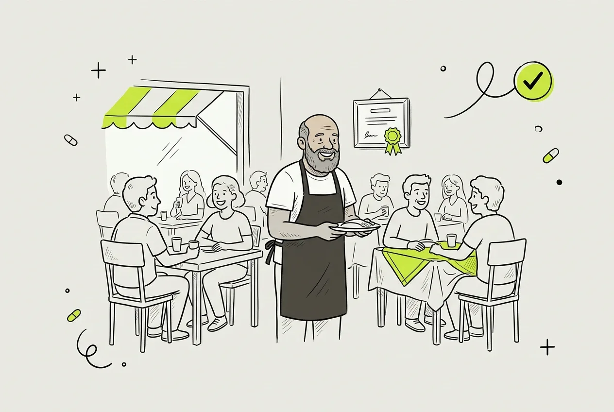 Dono de restaurante usando o celular para controlar as licenças