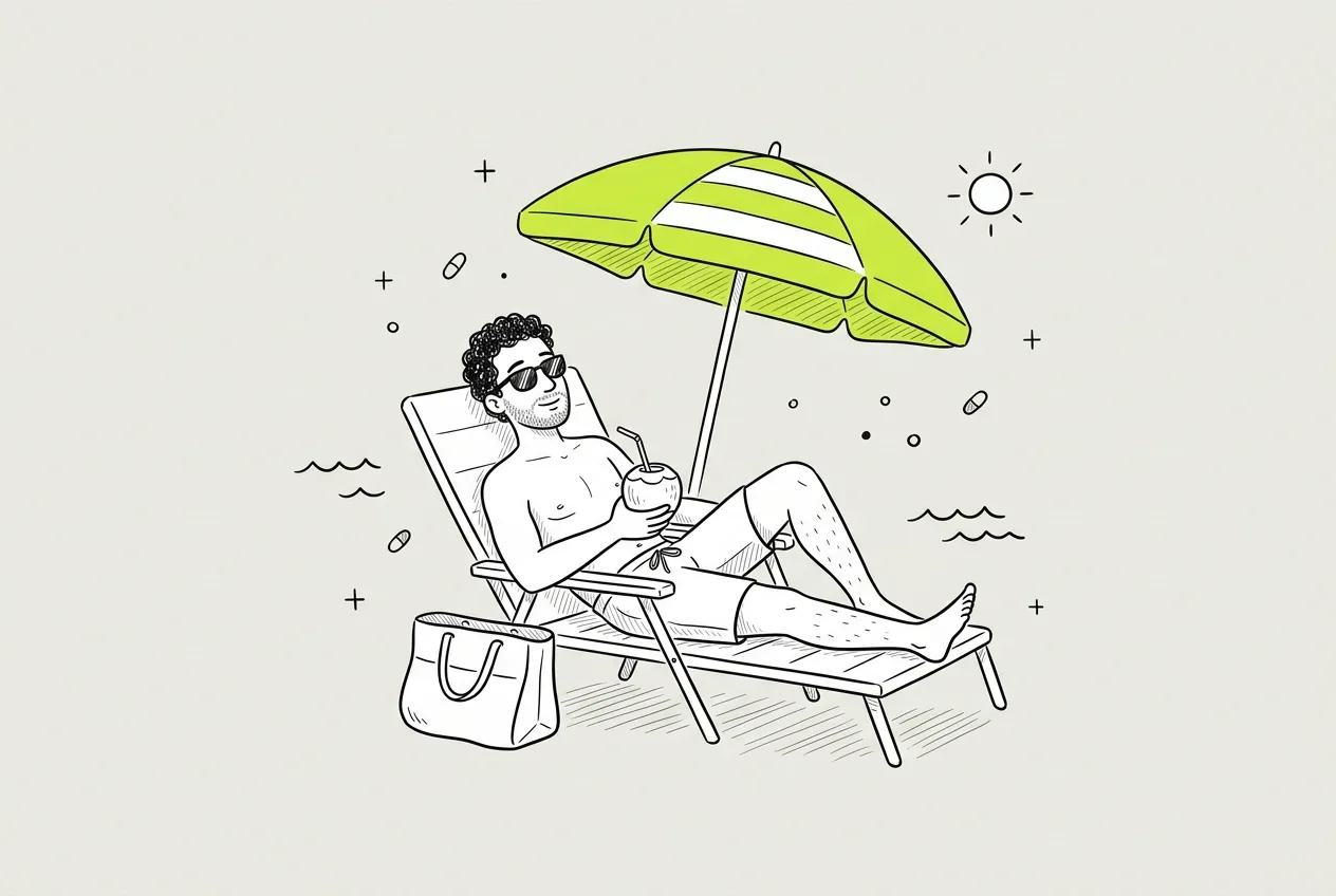 Empresário descansando na praia durante as férias coletivas de fim de ano