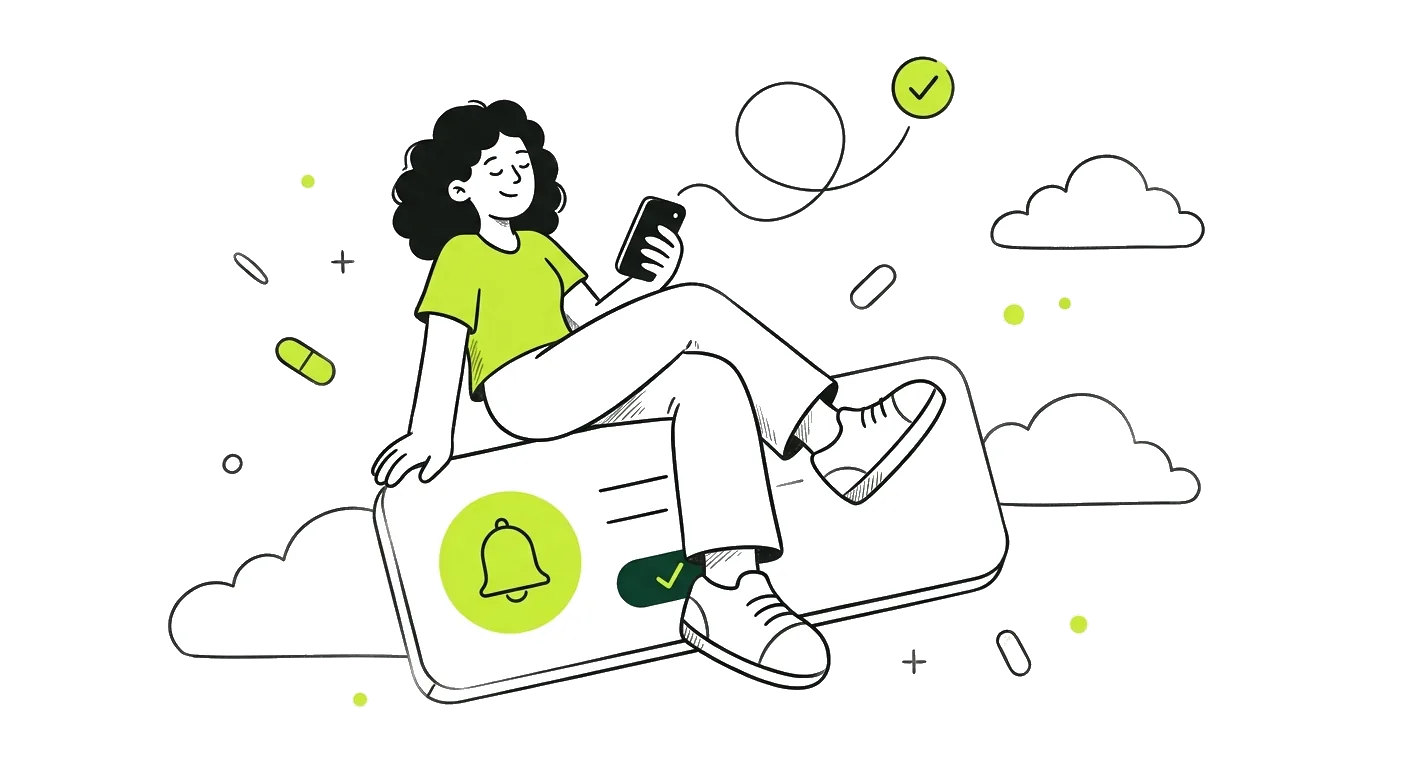 Mulher tranquila sentada sobre o cartão de aviso, nas nuvens, olhando o celular