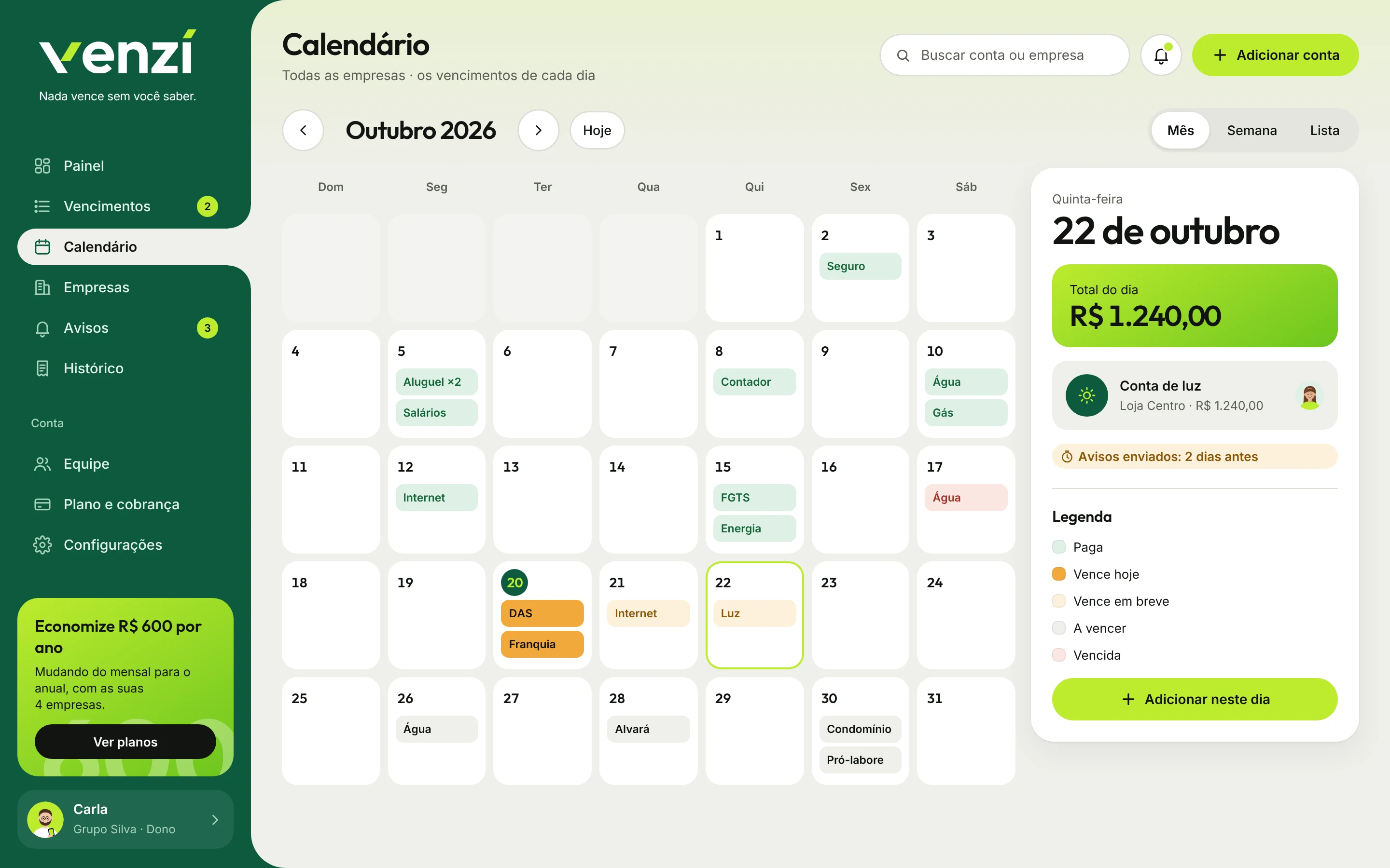 Calendário mensal da Venzi com os vencimentos de cada dia
